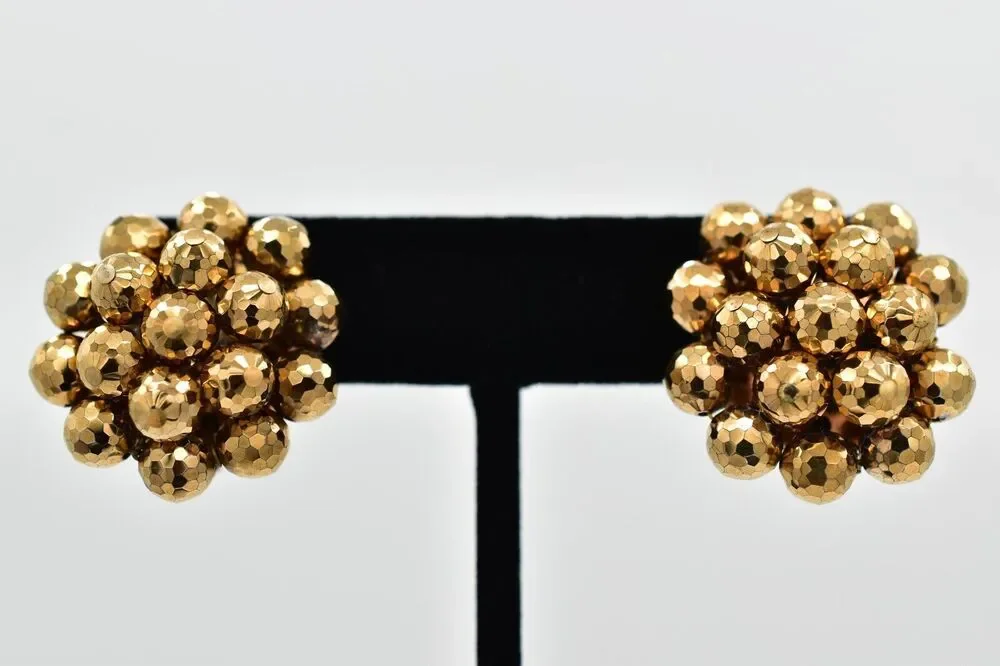 Laguna Vintage Clip On Crystal Earrings Bronze Disco Ball Signed 1950s BinBK